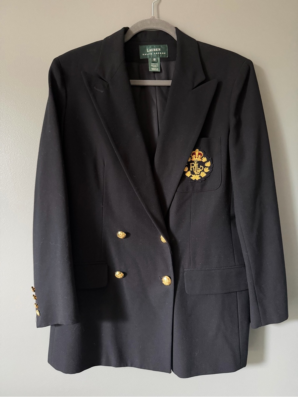 Vtg Ralph Lauren Blazer 10 Wool Crown Crest Gold Button Double Breasted Black